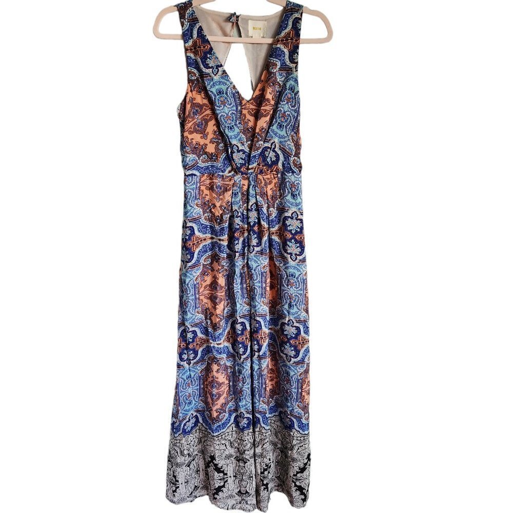 Anthropologie Maeve Maxi Dress 6 Blue Coral Sleeveless V Neck Silk Lined